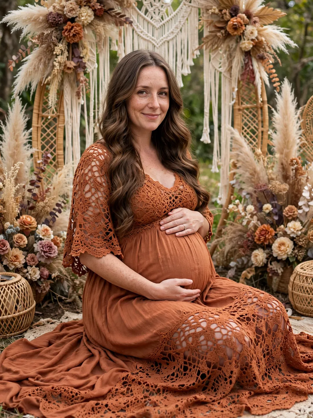 AI maternity photo idea: Pregnant woman in a terracotta boho lace dress among pampas grass