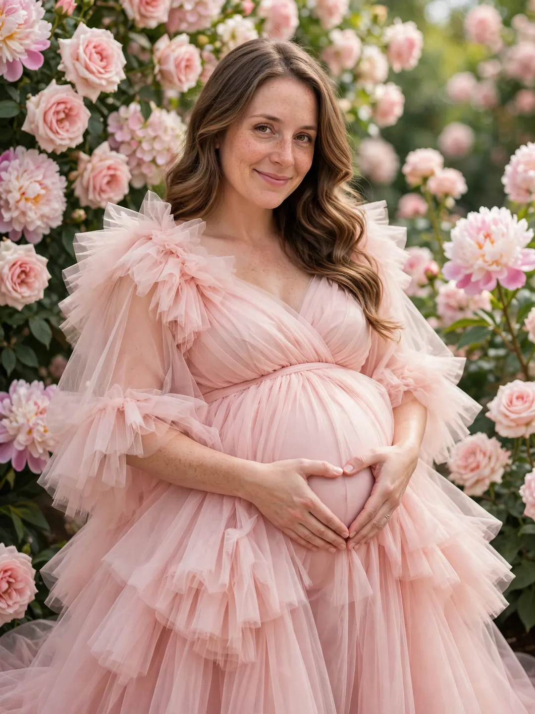 AI maternity photo idea: Pregnant woman in a blush tulle gown in front of a wall of roses and peonies