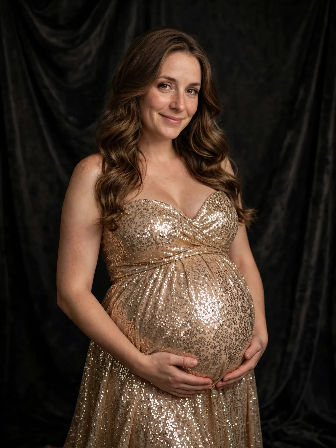 AI maternity photo idea: Glamorous maternity portrait in a champagne sequin gown with dramatic light
