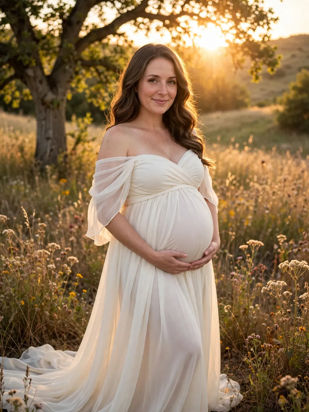 AI maternity photo idea: Pregnant woman in an ivory off-shoulder gown in a wildflower meadow at golden hour