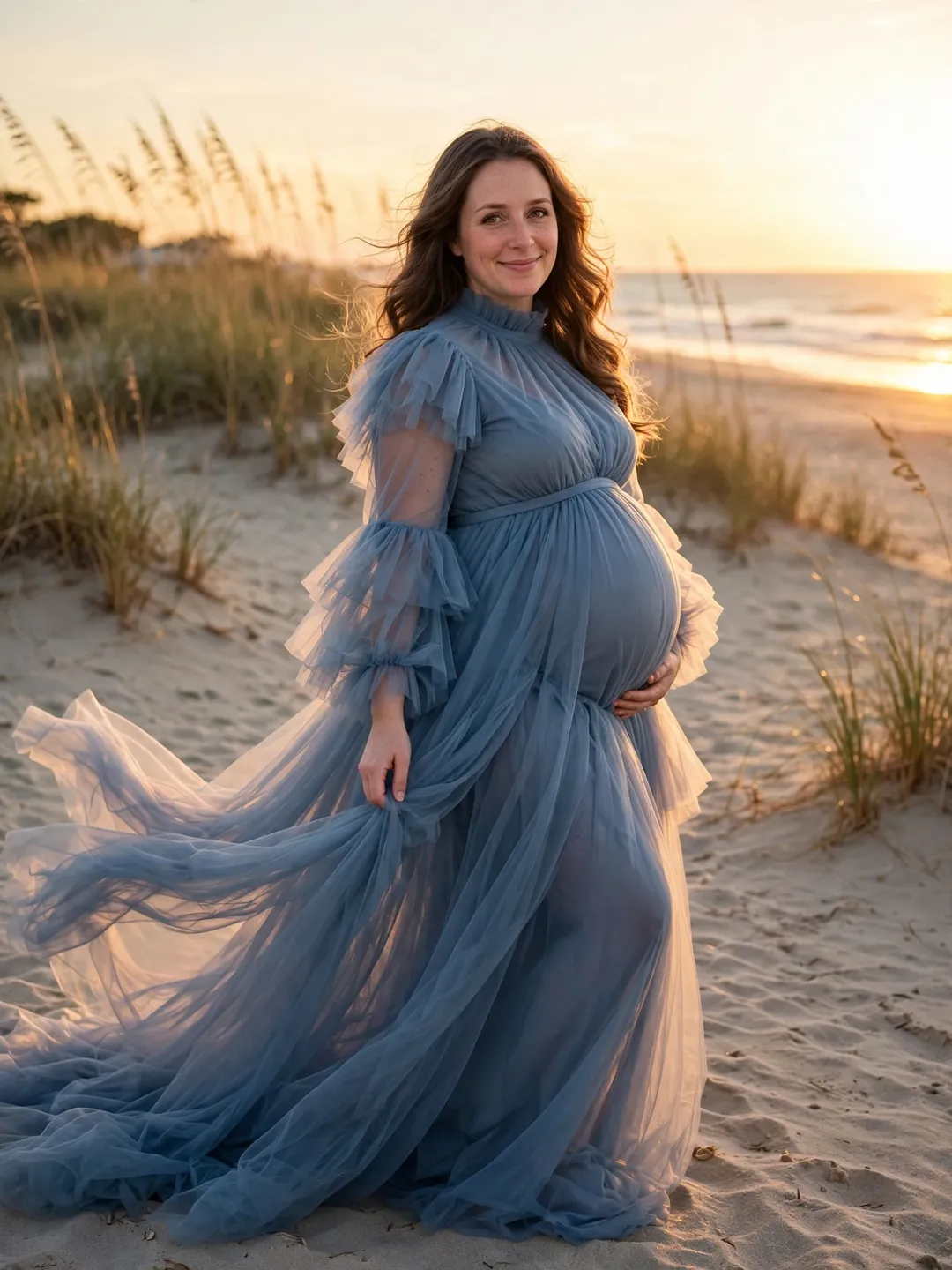 AI maternity photo idea: Pregnant woman in a dusty blue tulle gown walking on the beach at sunset