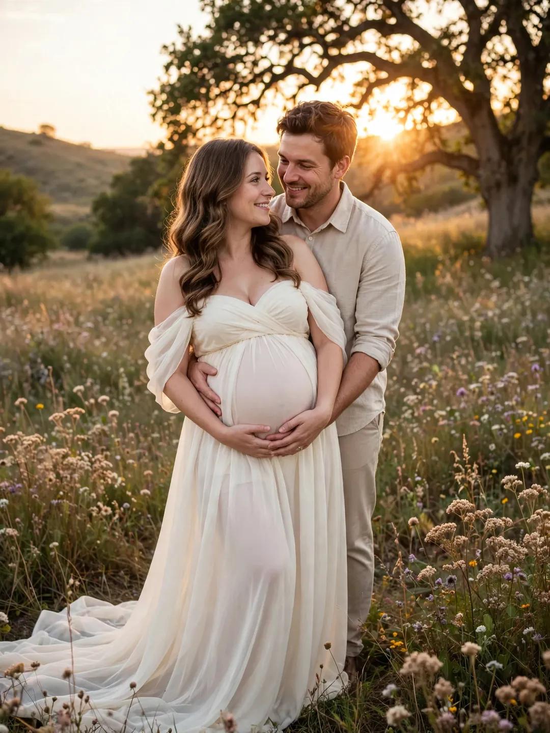 AI maternity photo idea: Pregnant woman and her partner embracing in a meadow at golden hour