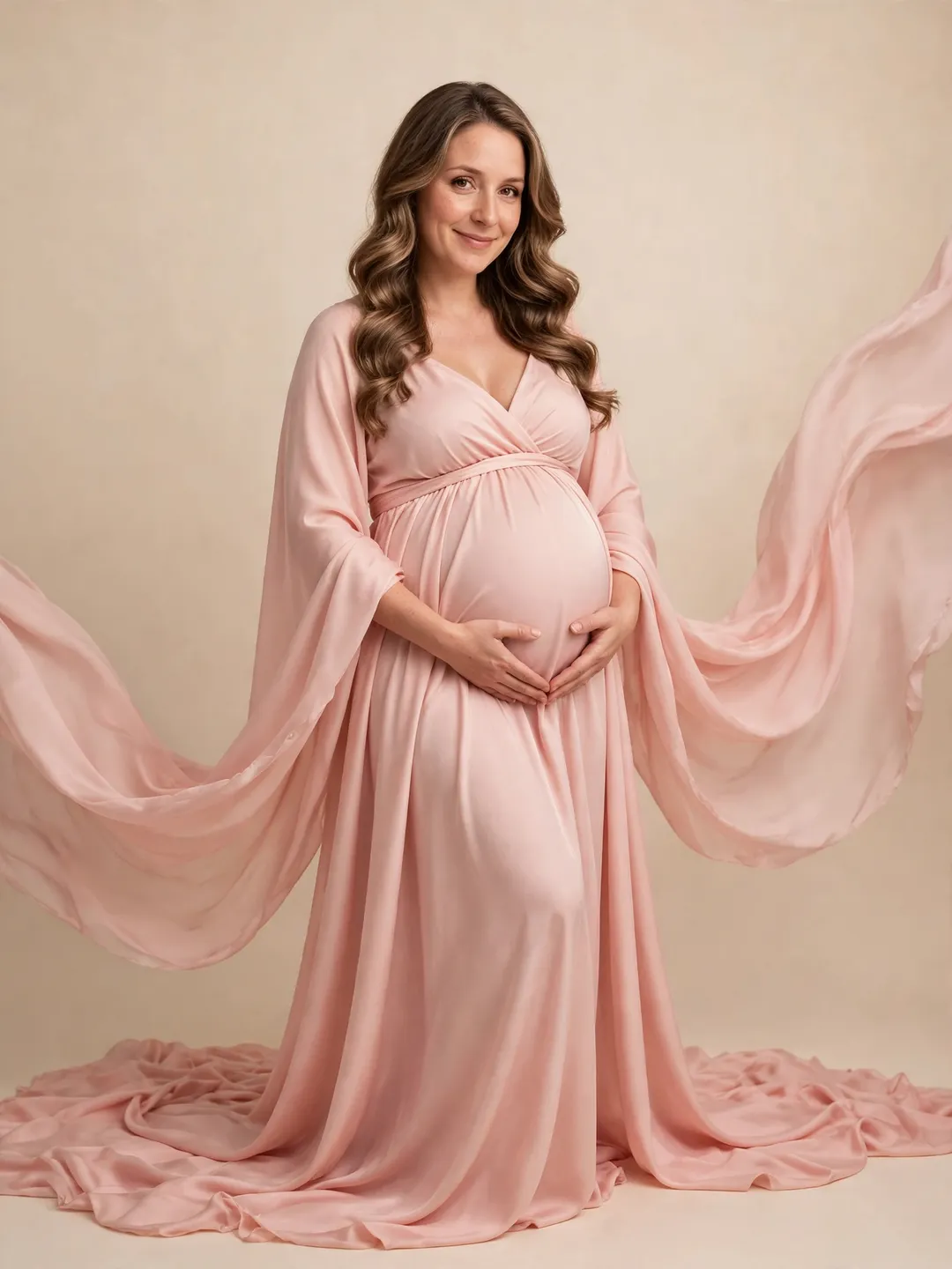 AI maternity photo idea: Pregnant woman in a blush silk gown with flowing fabric in a photo studio