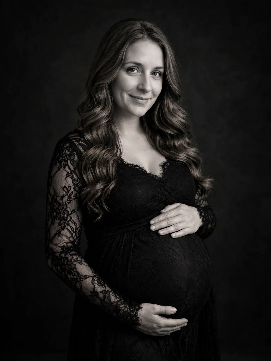 AI maternity photo idea: Black and white fine-art maternity portrait in a fitted lace gown