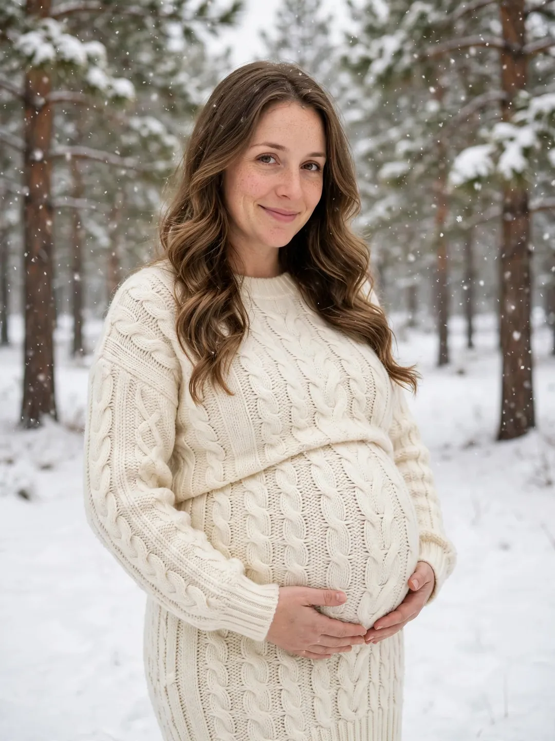 AI maternity photo idea: Pregnant woman in a cozy knit dress in a snowy pine forest